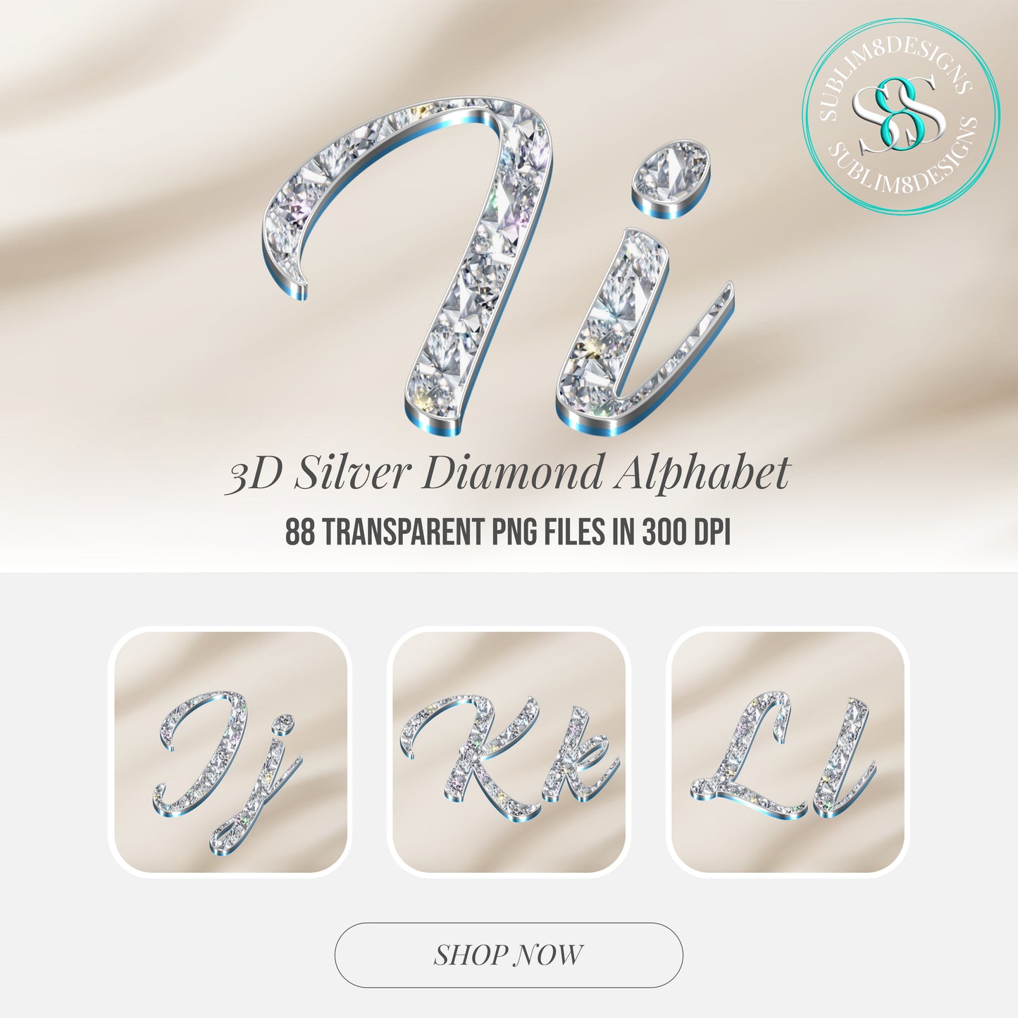 3d Silver Diamond Alphabet 88 Transparent PNG Files For Sublimation Print Craft