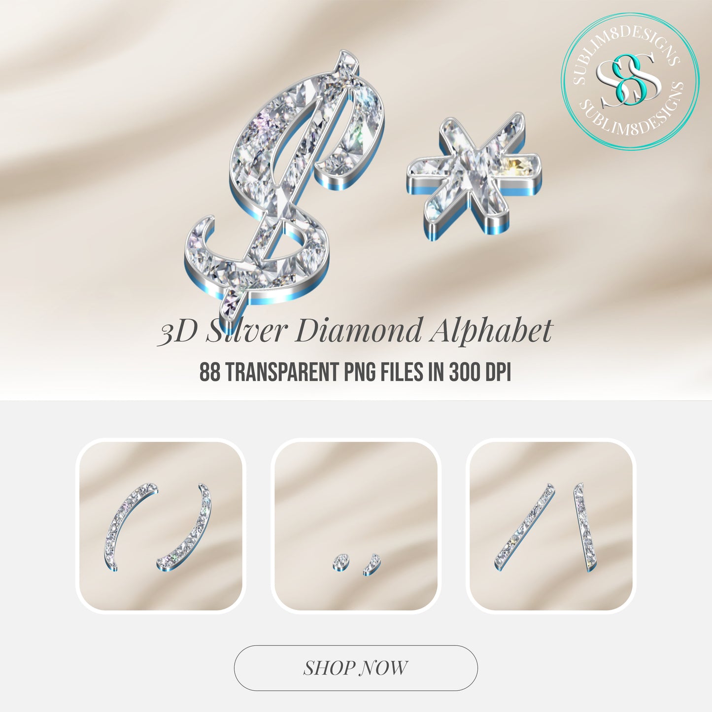 3d Silver Diamond Alphabet 88 Transparent PNG Files For Sublimation Print Craft