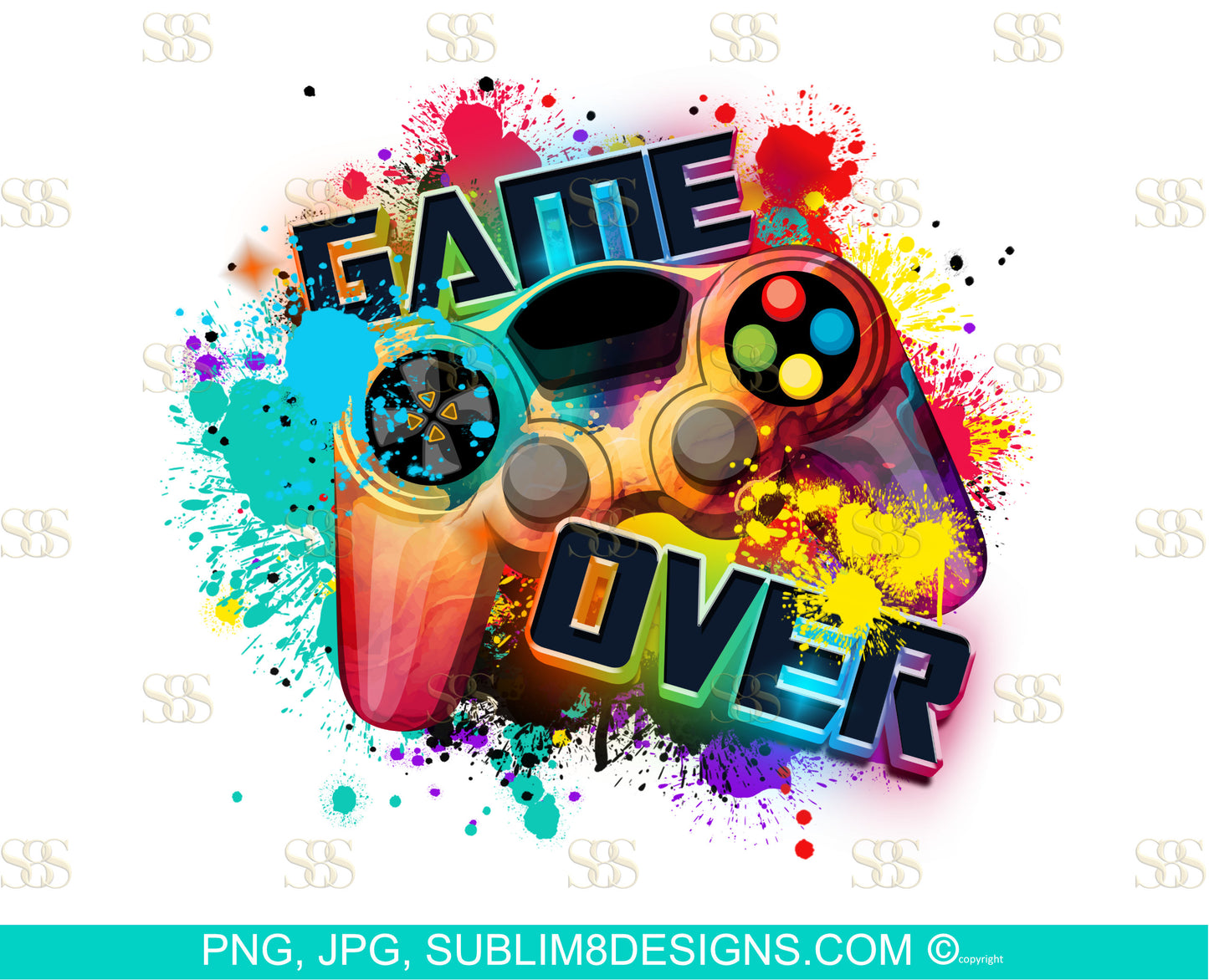 Game Over Colorful Controller Sublimation T-shirt Design PNG and JPEG ONLY