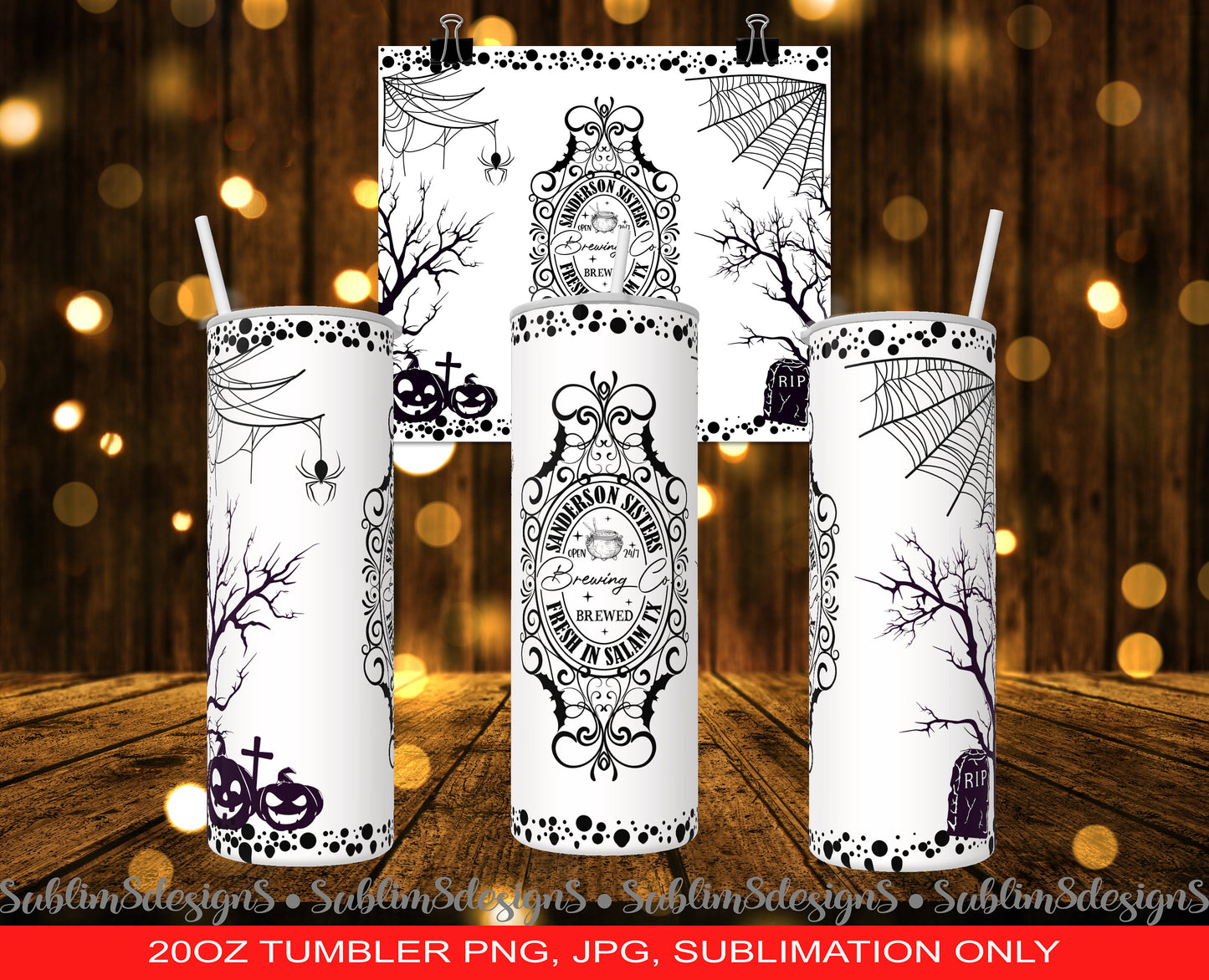 Sanderson Sisters Brewing Co. Brewed Fresh In Salam TX 16oz Frosted Glass  and 20oz Tumbler Including Mock-Ups PNG and JPG Only