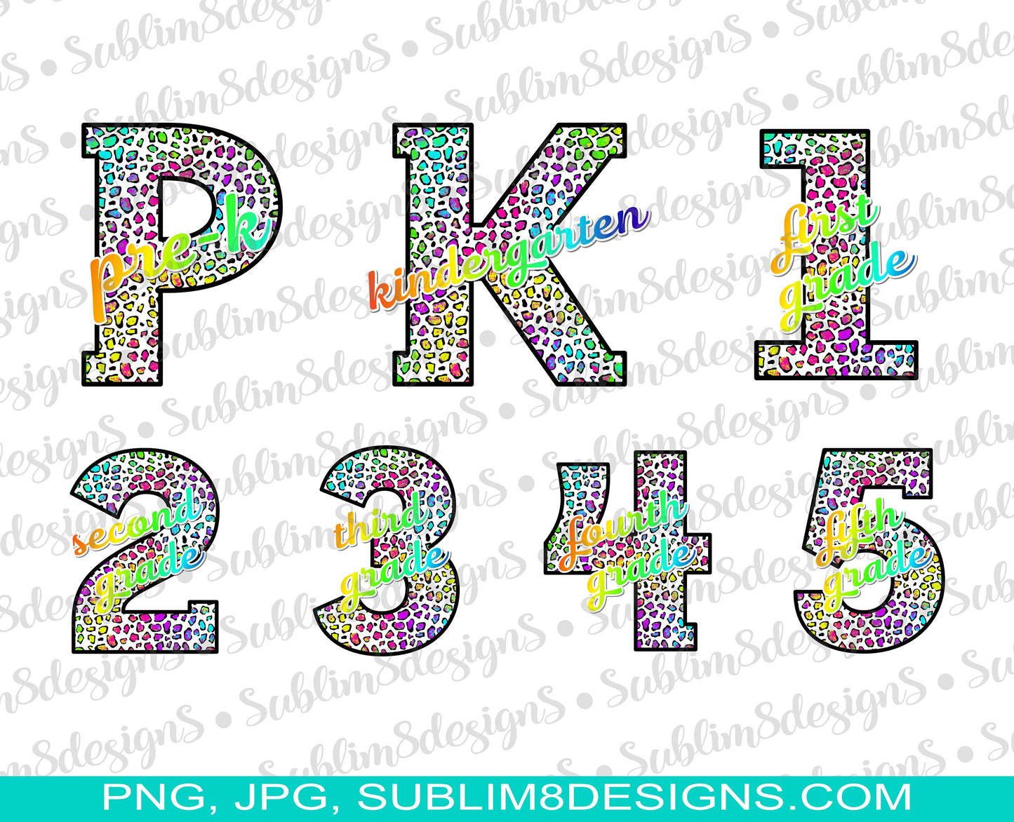 Pre-K, Kindergarten, First Grade, Second Grade, Third Grade, Fourth Grade and Fifth Grade Lettering PNG and JPG ONLY