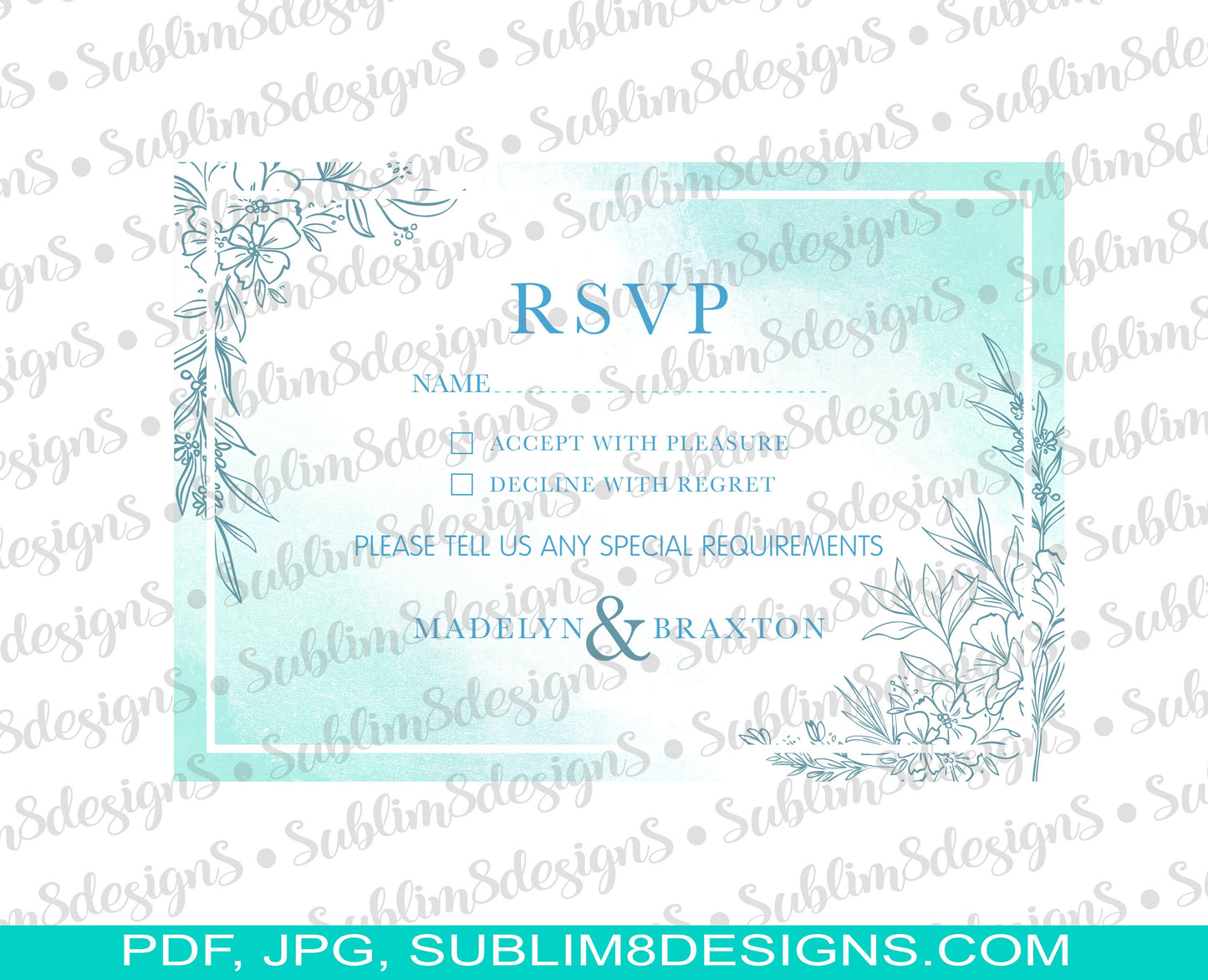 Teal Watercolor Wedding Invitation, RSVP Card, Thank you card, Table Card, Remember the Date, Digital Design PDF, PNG and Jpg