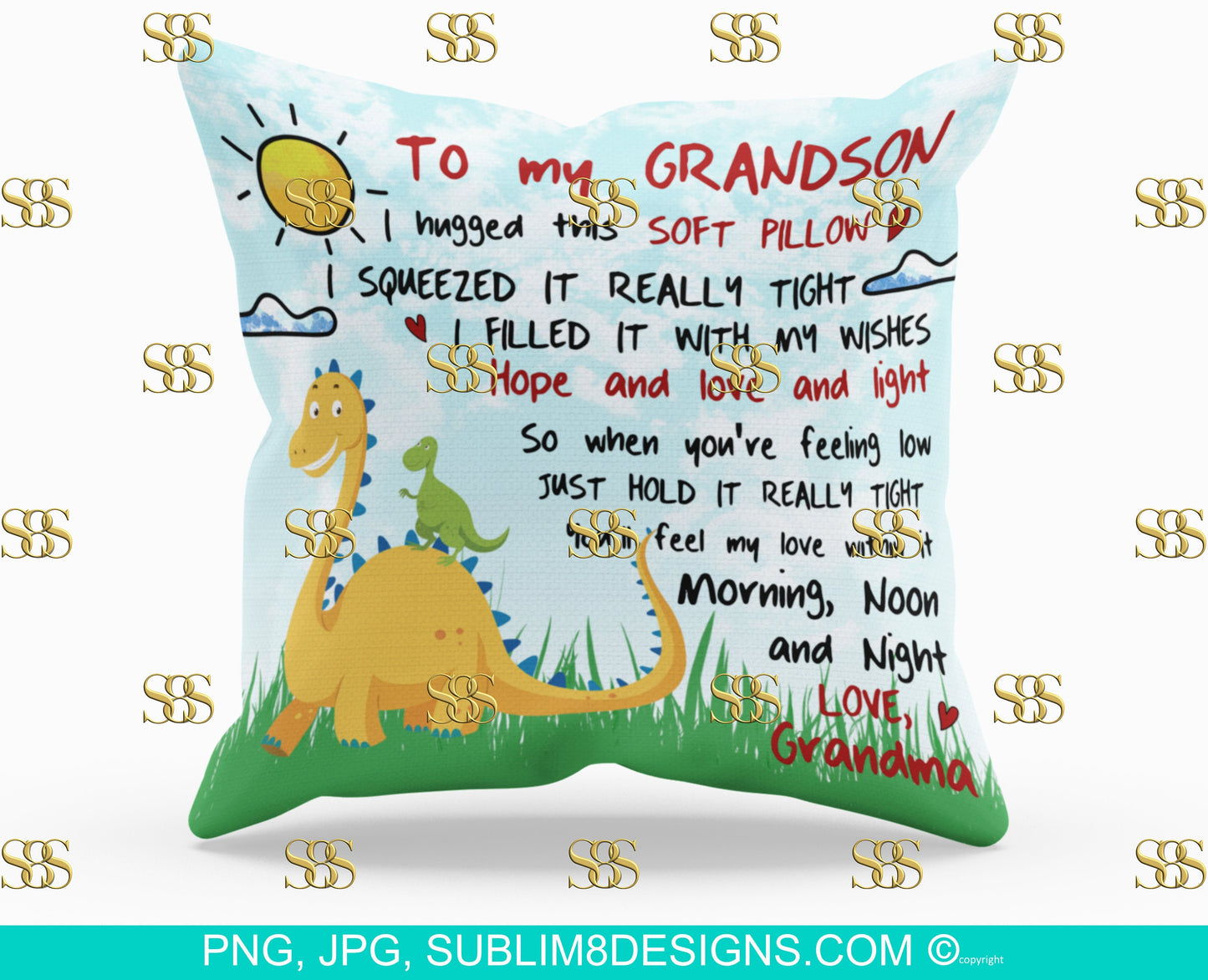 To My Grandson Love Grandma Square Pillow | Cushion Cover | Dinosaur Gifts | Dinosaur | Sublimation Design PNG and JPG ONLY