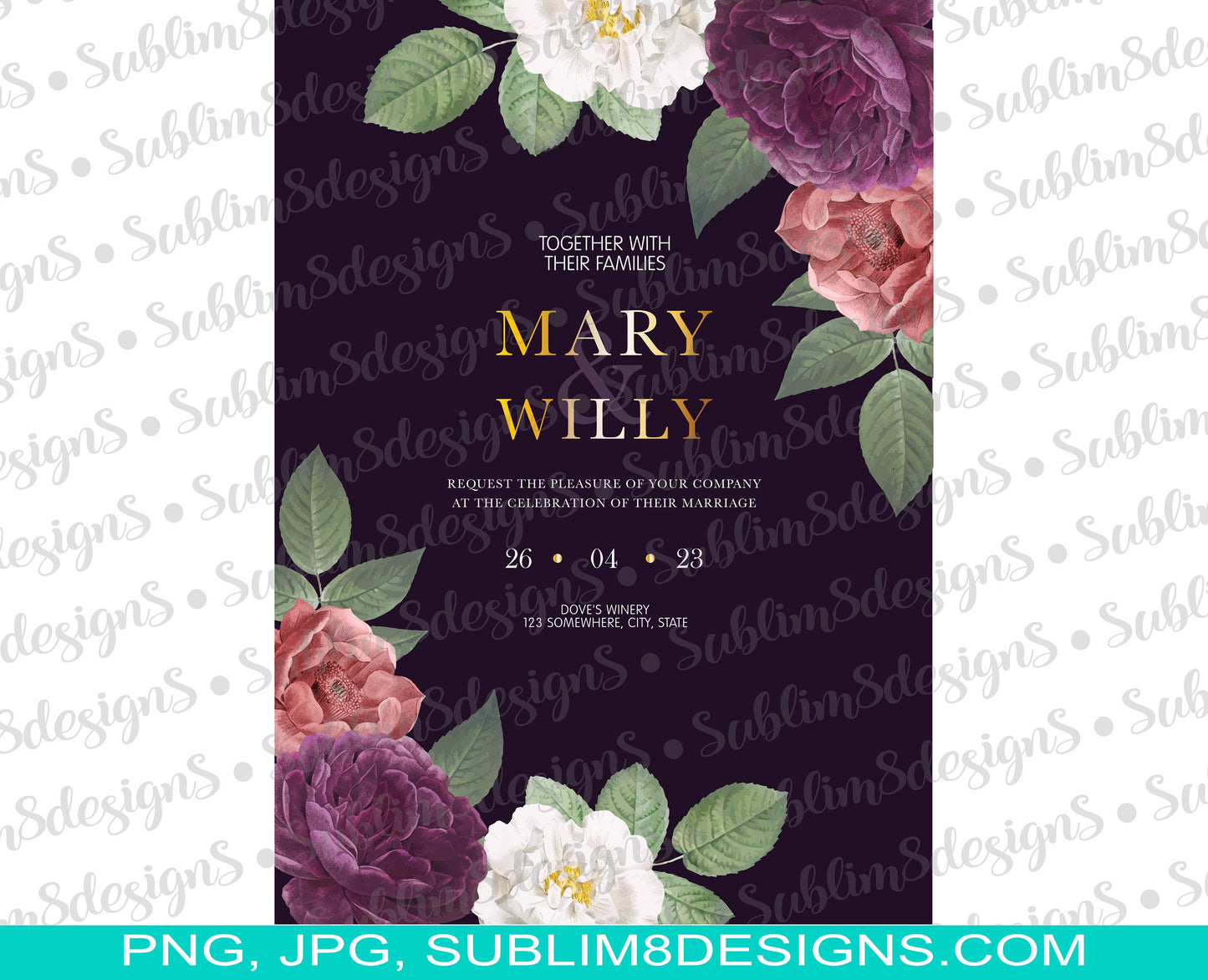 Purple Floral Wedding Invite, Thank You Card, RSVP Card, Table Card, Remember The Date Card JPG and PDF Only