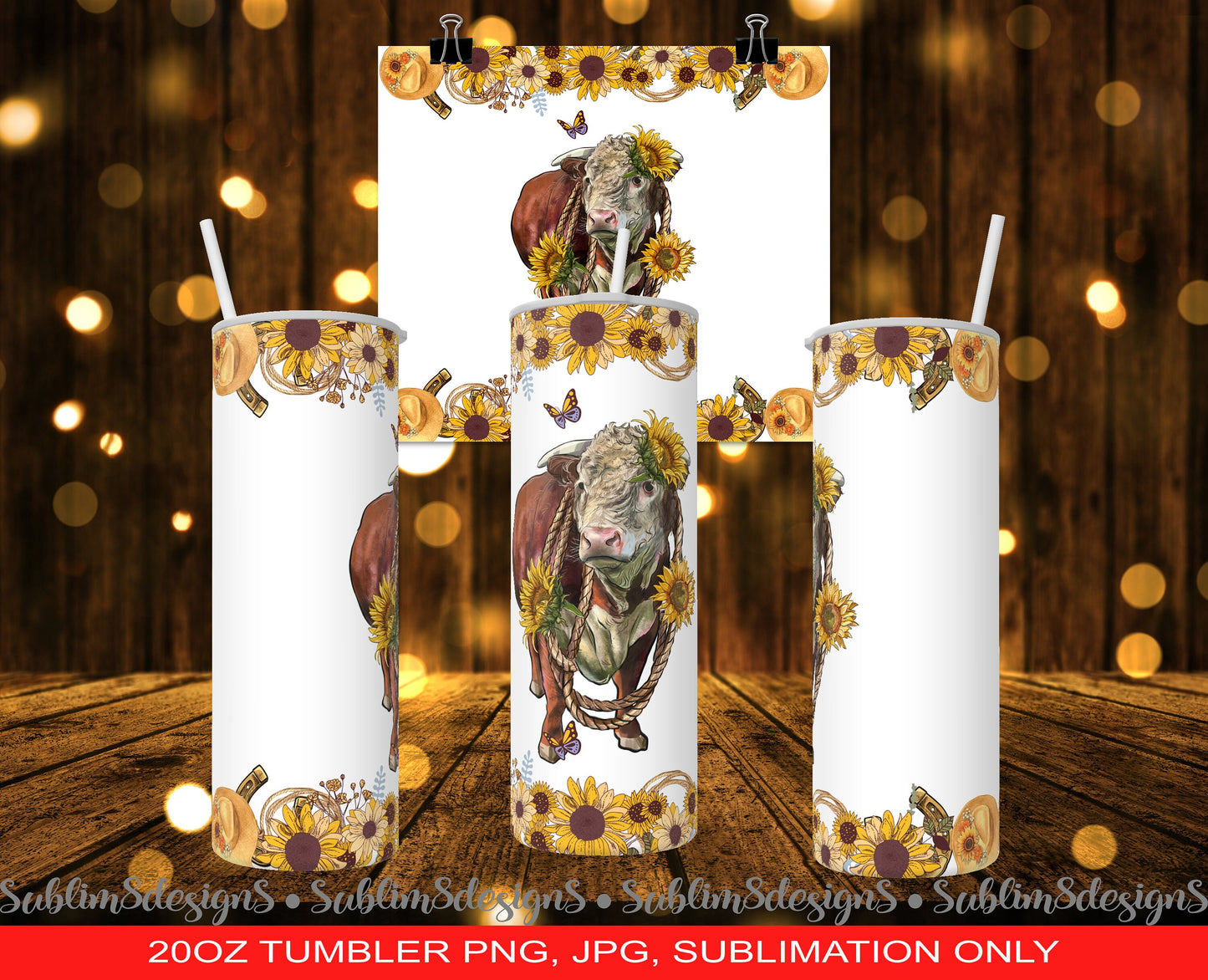 Sunflower Cow 20oz Tumbler Wrap Sublimation Design PNG and JPG ONLY