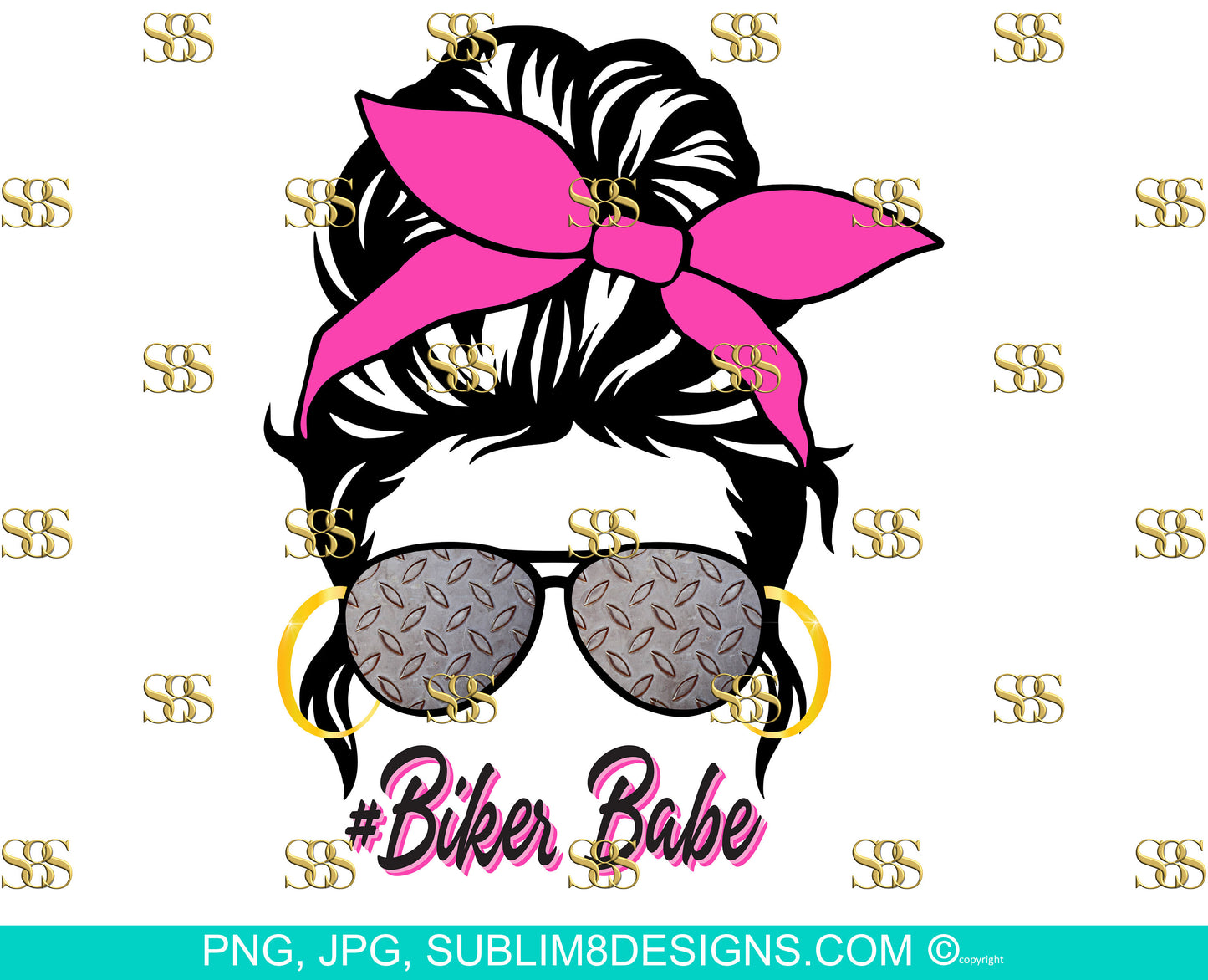 Pink Biker Babe Messy Bun Sublimation Design PNG and JPG ONLY