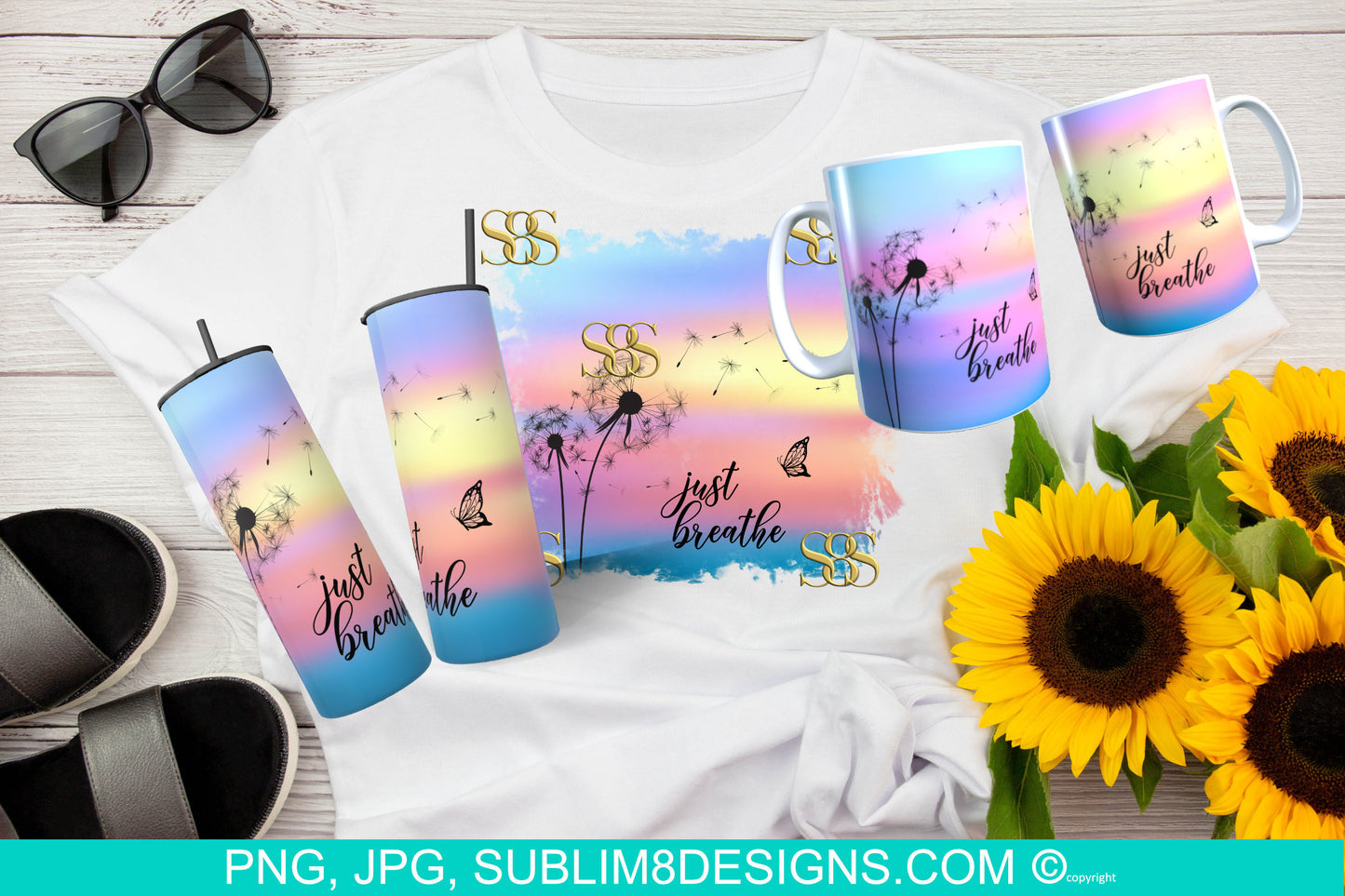 Just Breathe Sublimation Bundle T-shirt, Tumbler and Mug Designs PNG and JPG ONLY