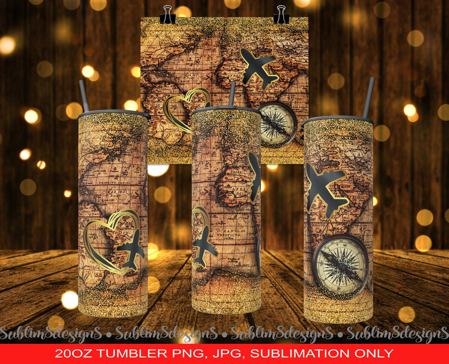 Vintage World Map with Gold Glitter and Airplane Compass - A Journey Through Time and Space Sublimation Tumbler Design Wrap PNG and JPEG