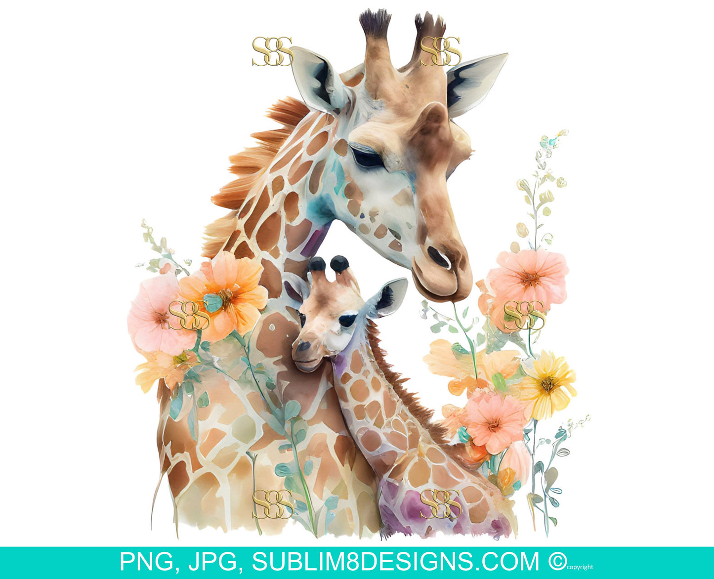 Motherly Love: A Pastel Image of Giraffes Cuddling with Peachy Flowers Sublimation Design PNG and JPEG ONLY