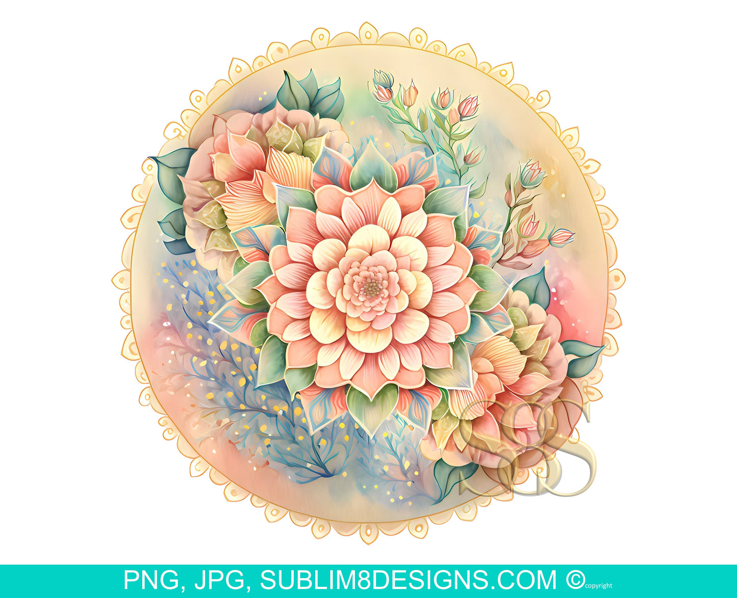 Peachy Serenity: A Pastel Watercolor Mandala Flower Sublimation Design PNG and JPEG ONLY