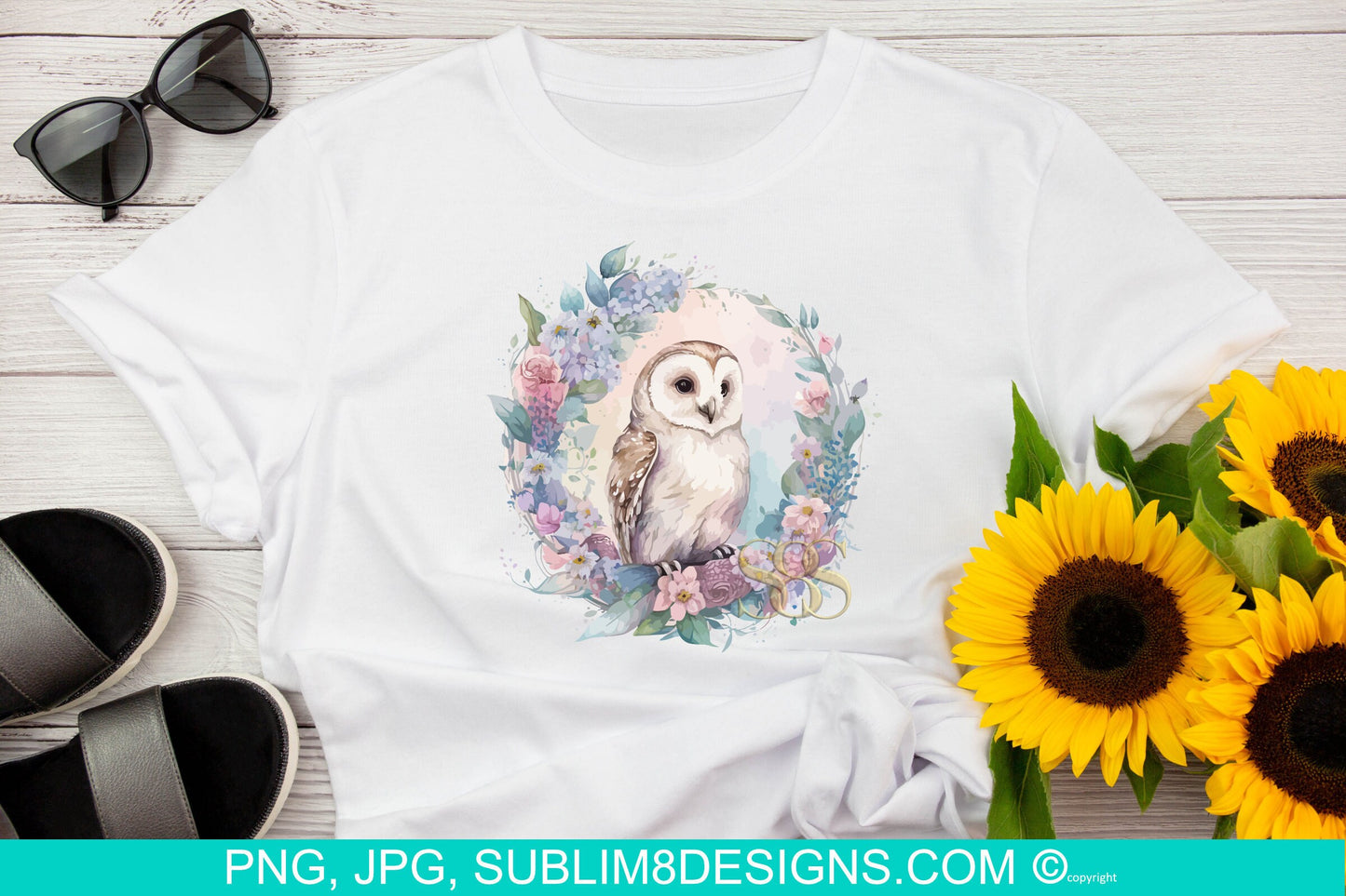 Pastel Serenity: A Watercolor Owl on a Branch with Floral Accents Sublimation Design PNG and JPEG ONLY
