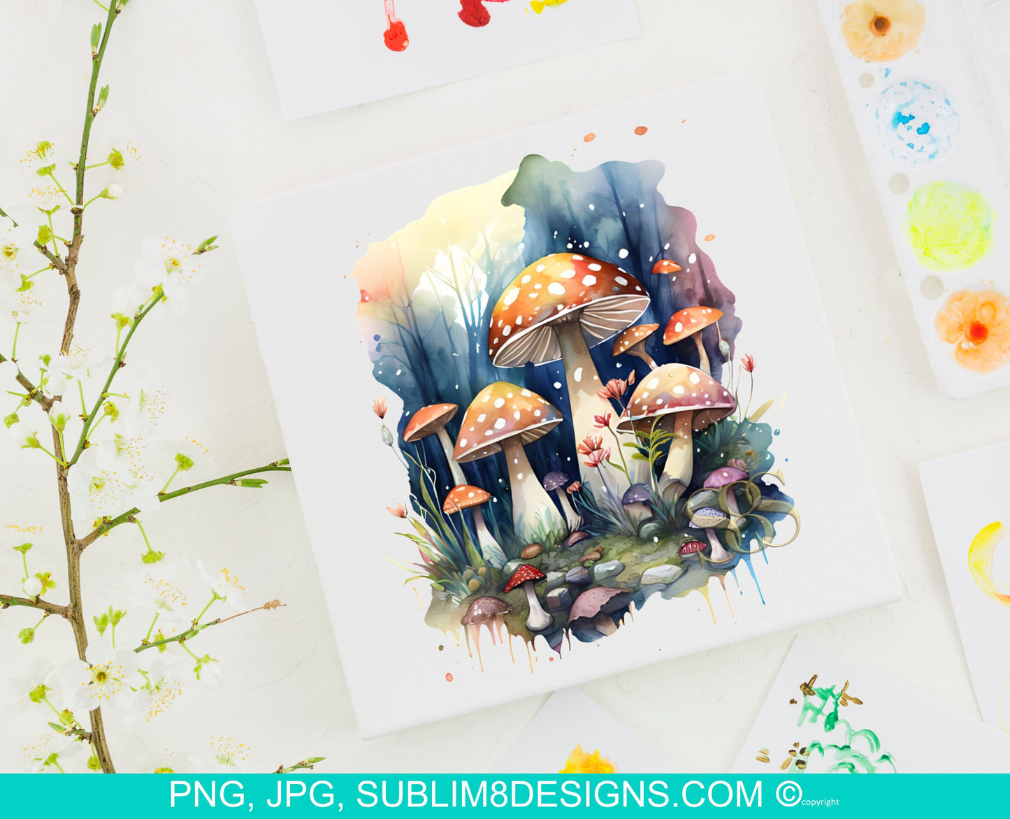 Mystical Mushrooms: A Watercolor Forest Adventure Sublimation Design PNG and JPG