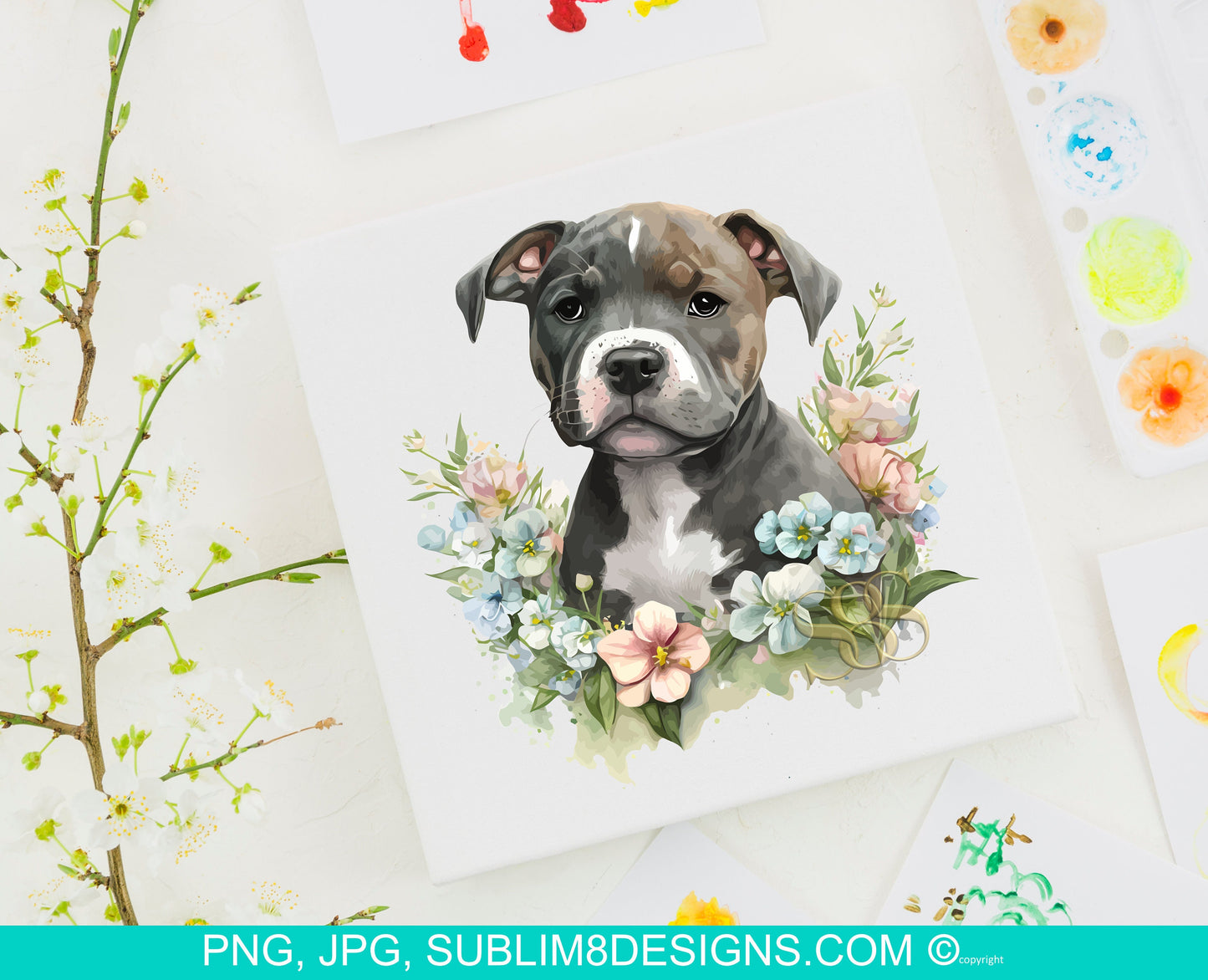 Pastel Watercolor Staffy Puppy Dog with Peach and Blue Flowers