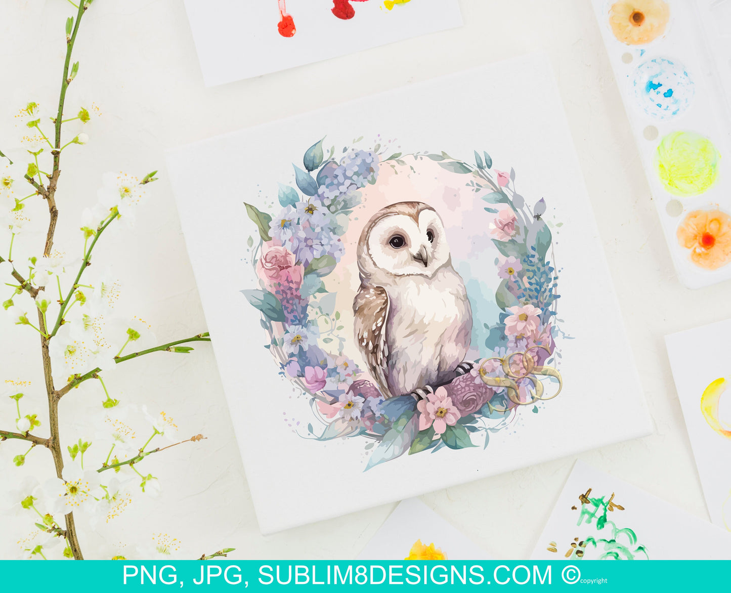 Pastel Serenity: A Watercolor Owl on a Branch with Floral Accents Sublimation Design PNG and JPEG ONLY
