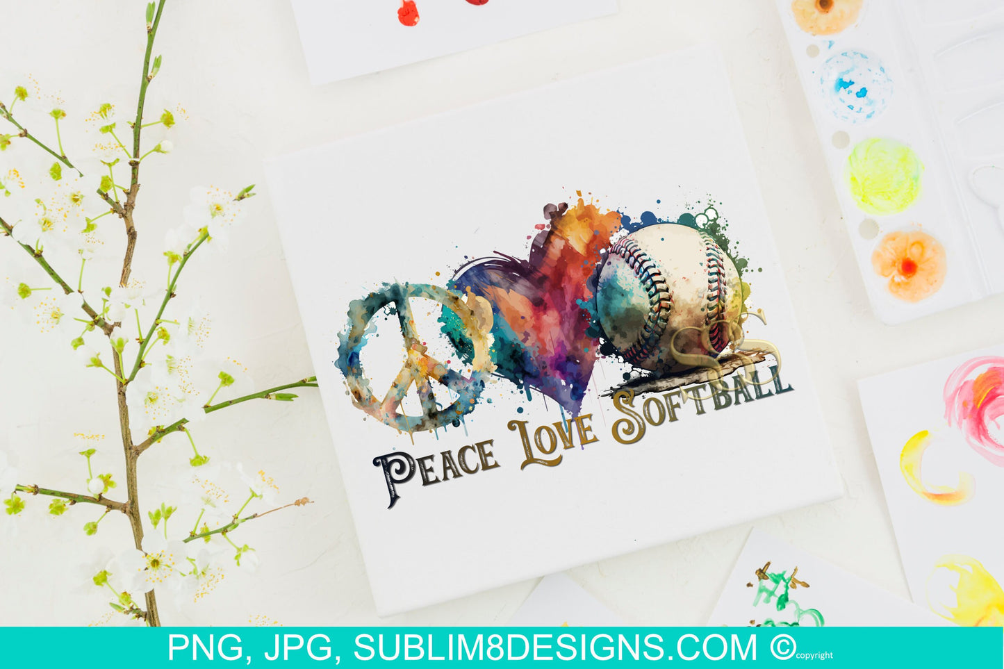 Peace Love and Softball Watercolor Illustration Sublimation Design PNG and JPEG ONLY