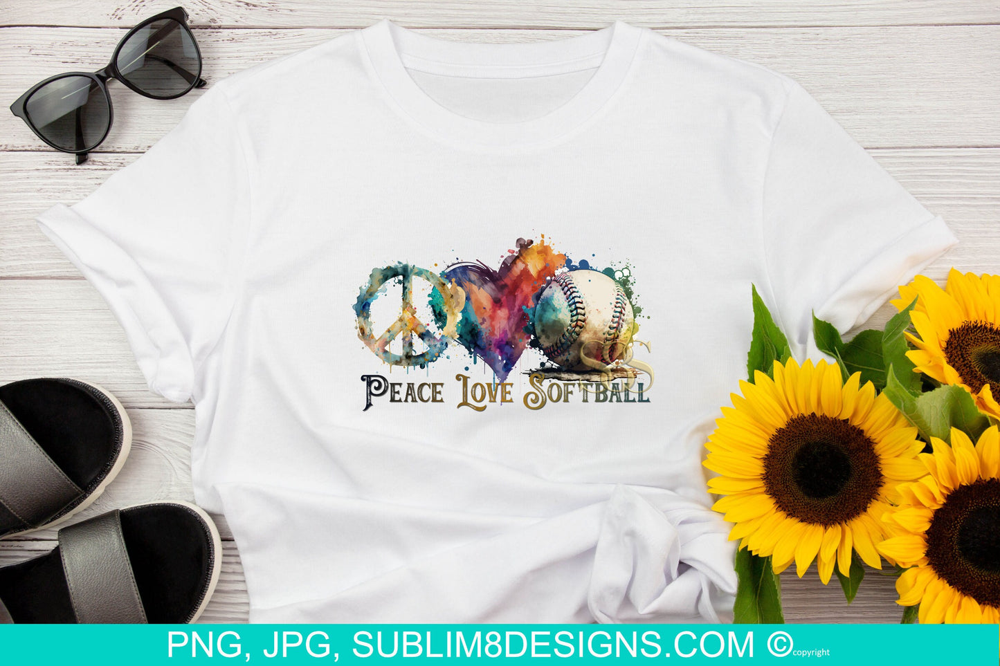 Peace Love and Softball Watercolor Illustration Sublimation Design PNG and JPEG ONLY
