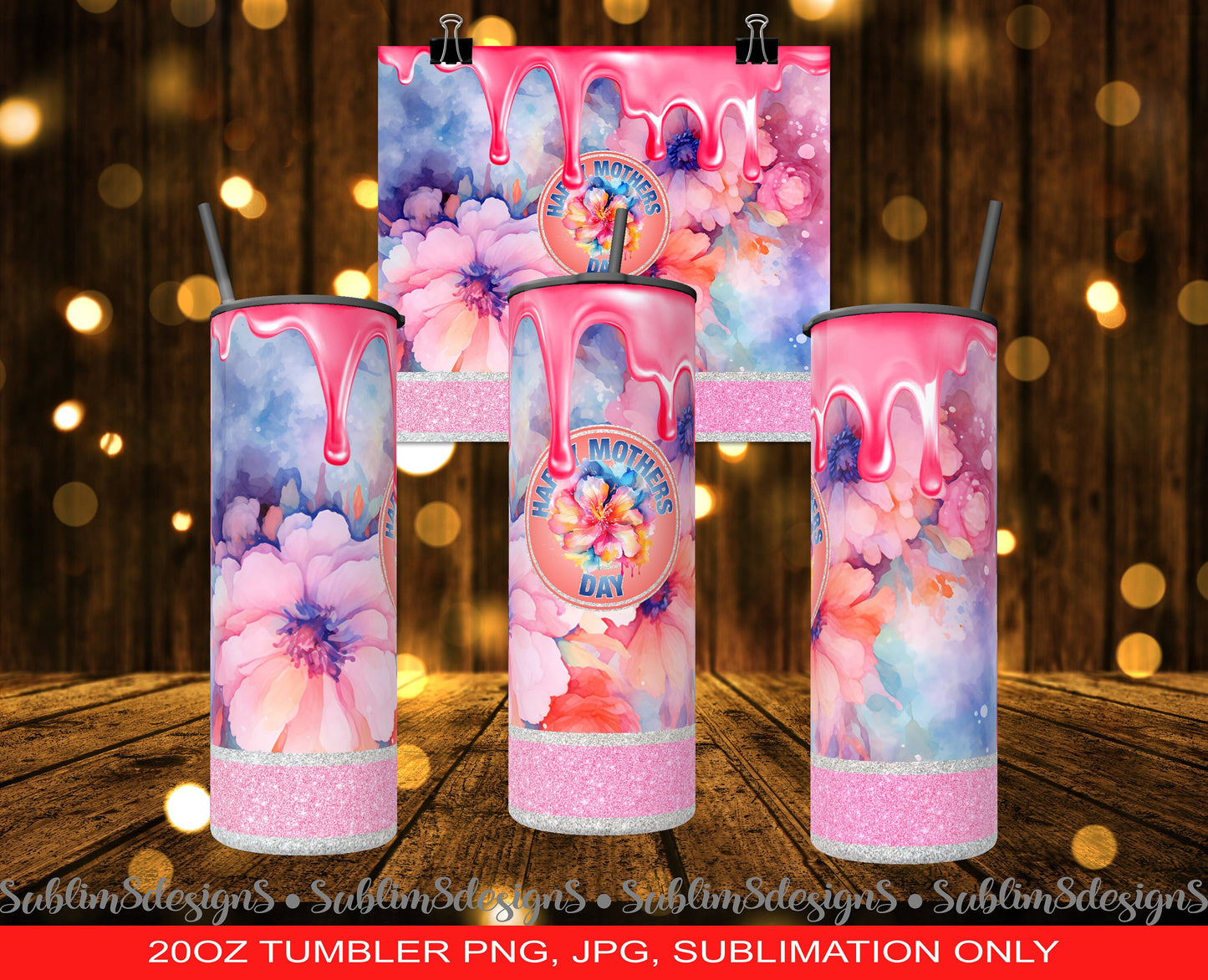 Sparkling Watercolor Tribute to Mom: Happy Mother's Day 20oz Sublimation Design Wrap PNG and JPEG ONLY
