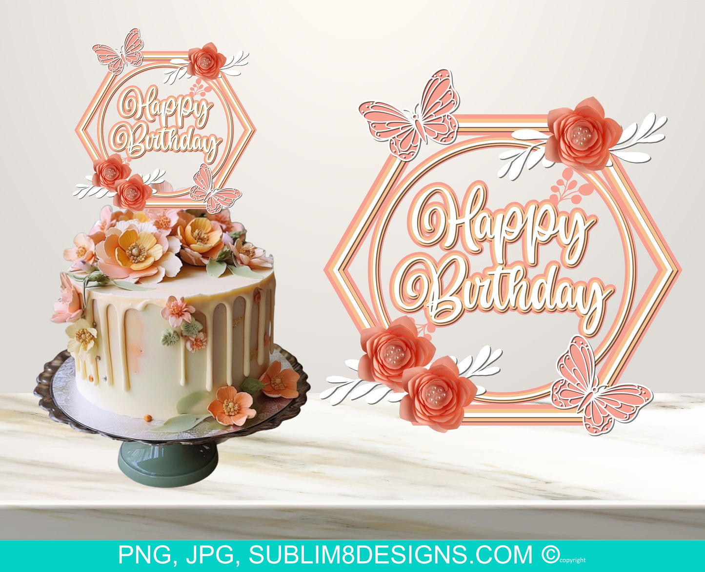 SVG Elegant Peach Happy Birthday Cake Toppers - Cricut or Silhouette Cameo SVG Design
