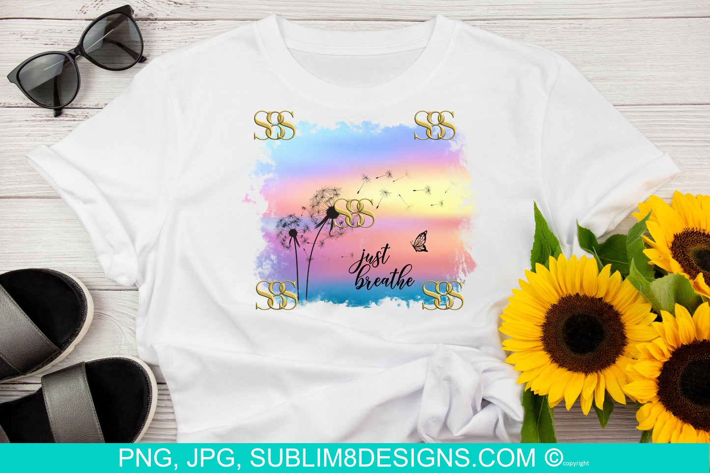 Just Breathe Sunset, Dandelion and Butterfly Sublimation T-shirt Design PNG and JPEG ONLY