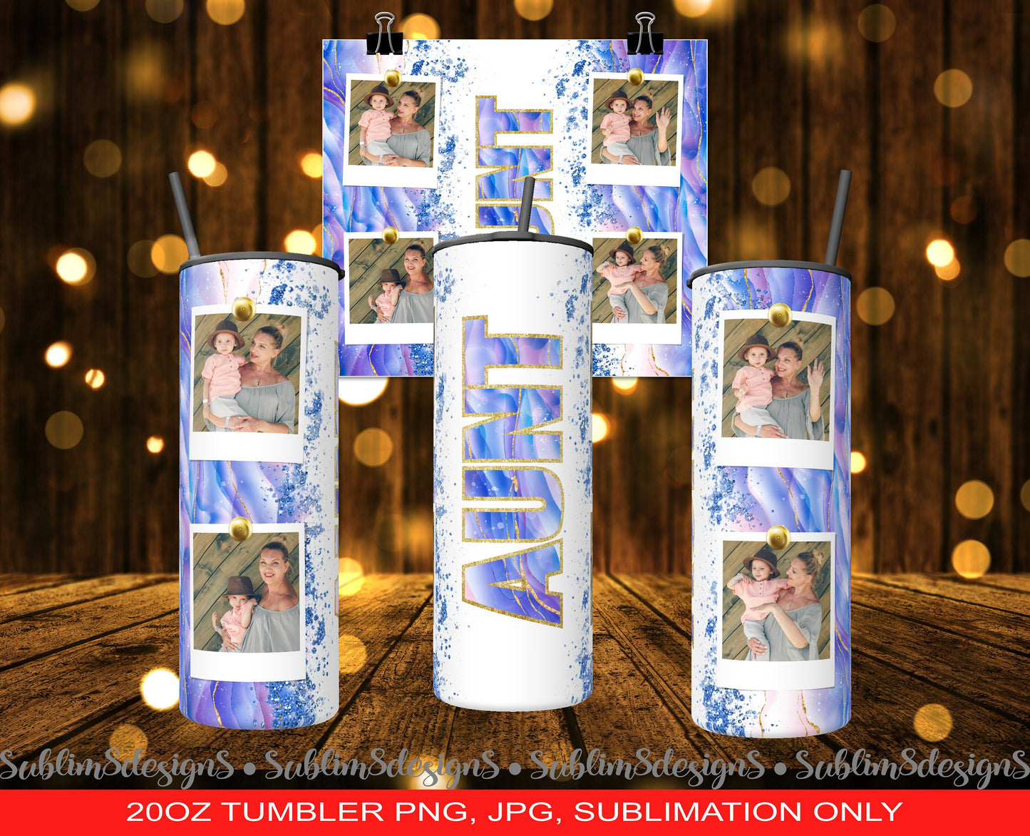 Personalized Aunt Blue, Purple and Gold Marble With Photo Slots Sublimation 20oz Tumbler Design Wrap